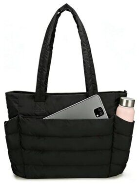 Puffer Quilted Tote Bag for Women, Laptop Compartment, Sturdy Stitching, Nylon